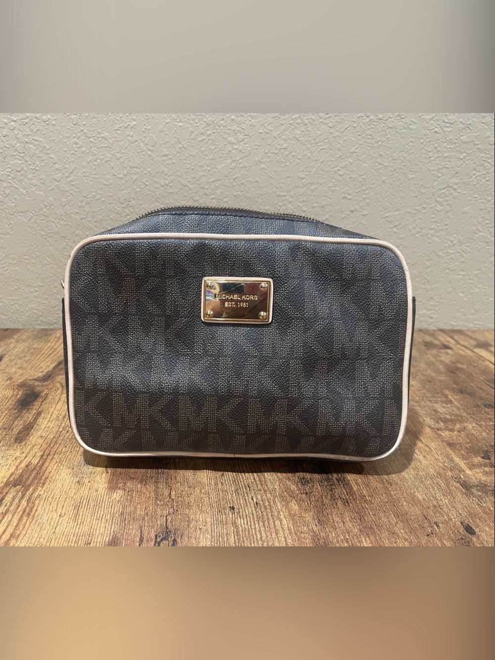Michael Kors Brown MK Monogram Crossbody Pouch with Beige Trim